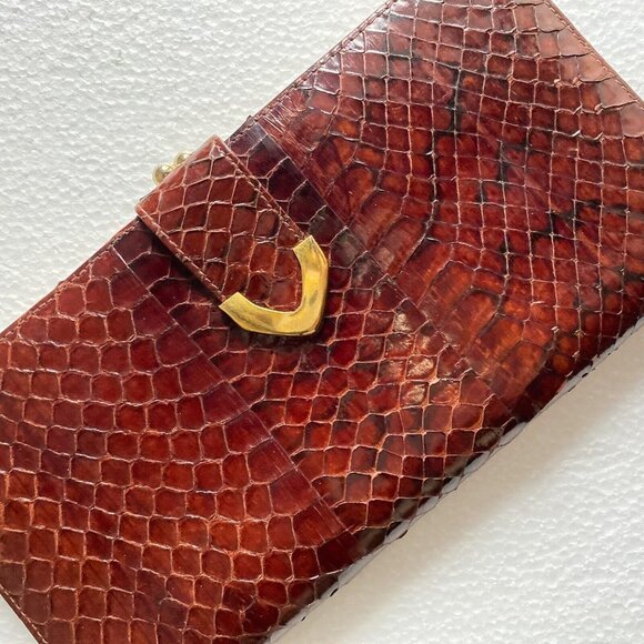 NIB Vintage Lizard Skin Burgundy Brown Long Wallet w Coin Compartment - Picture 3 of 13